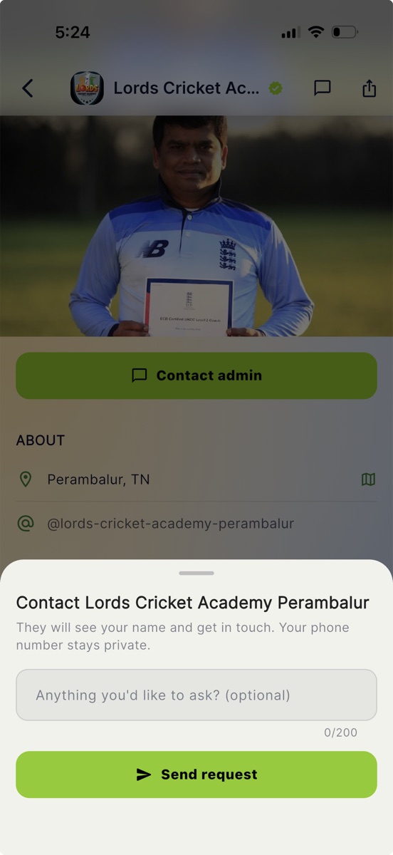 A cricket academy public page on Skipper with its cover image and a Contact admin button