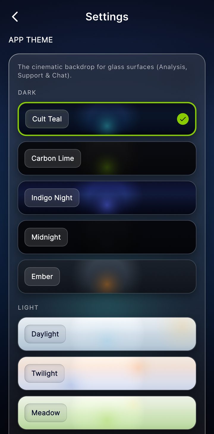 The Skipper app theme picker with dark backdrops like Cult Teal and Carbon Lime, and light ones like Daylight and Meadow