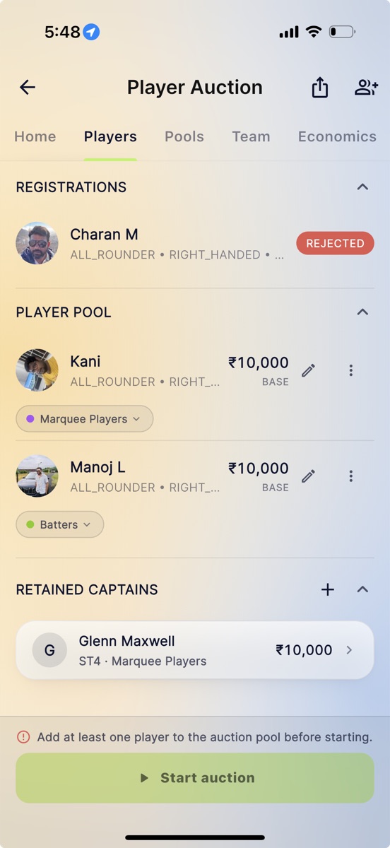 The player pool with base prices and team purses in Skipper