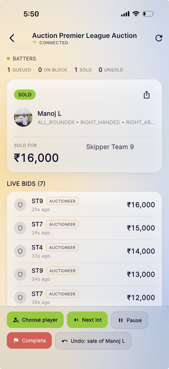 A player sold, with the winning team and the price