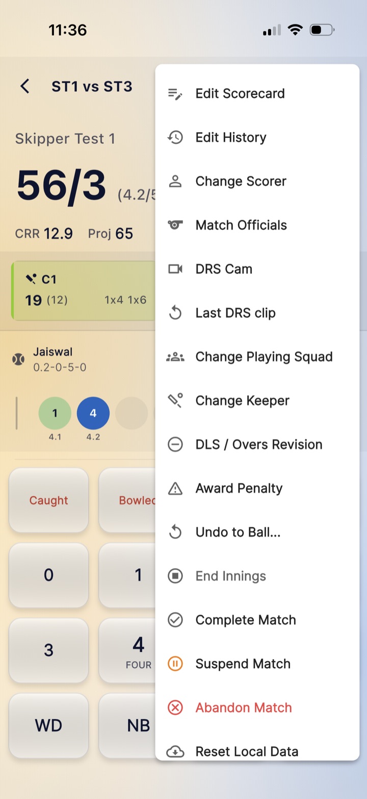 Scoring screen menu with DRS Cam option