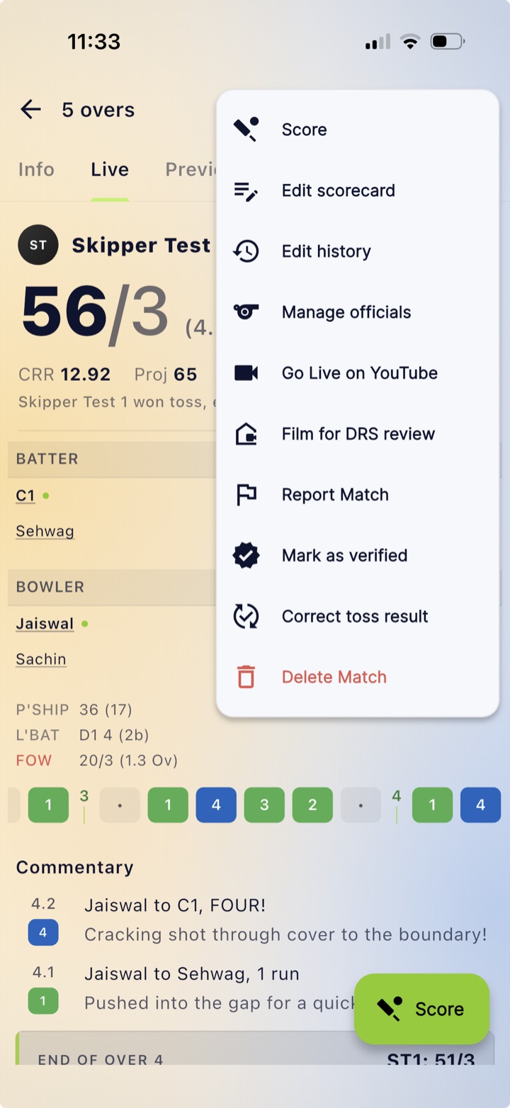 Scorecard menu showing Film for DRS review option