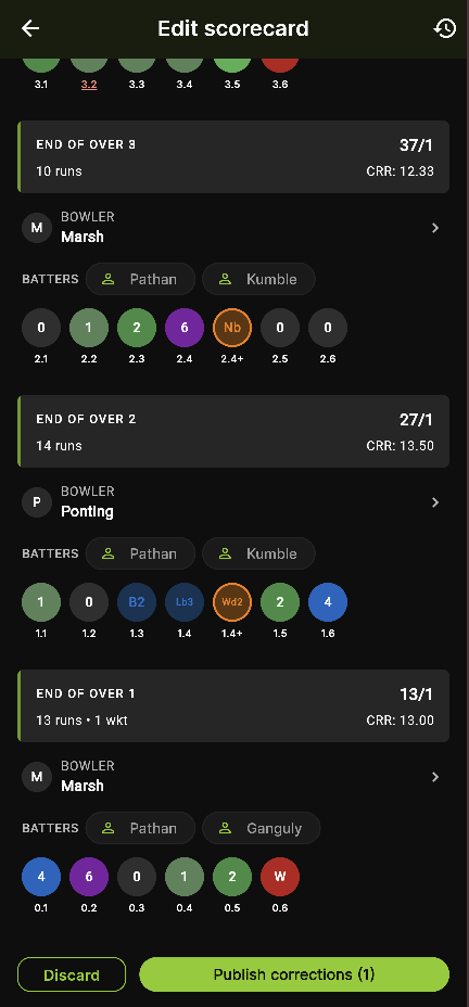 The Edit Scorecard screen with a Publish corrections button