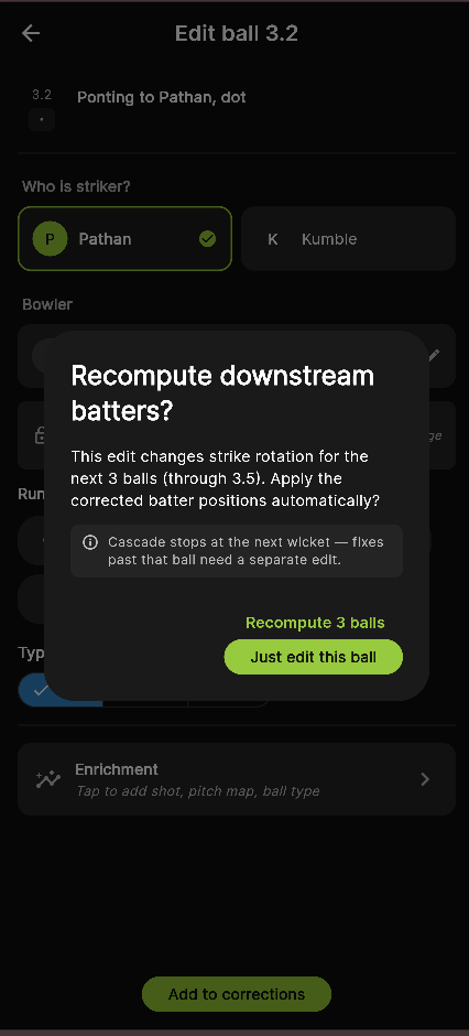 A prompt offering to recompute downstream batters after a strike-changing edit