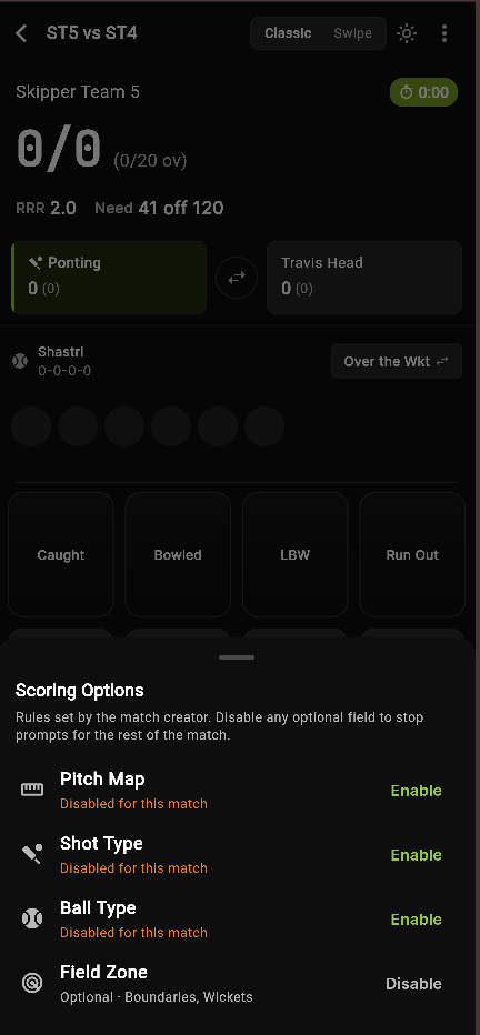 The in-match Scoring Options sheet, where a scorer can disable or re-enable optional fields