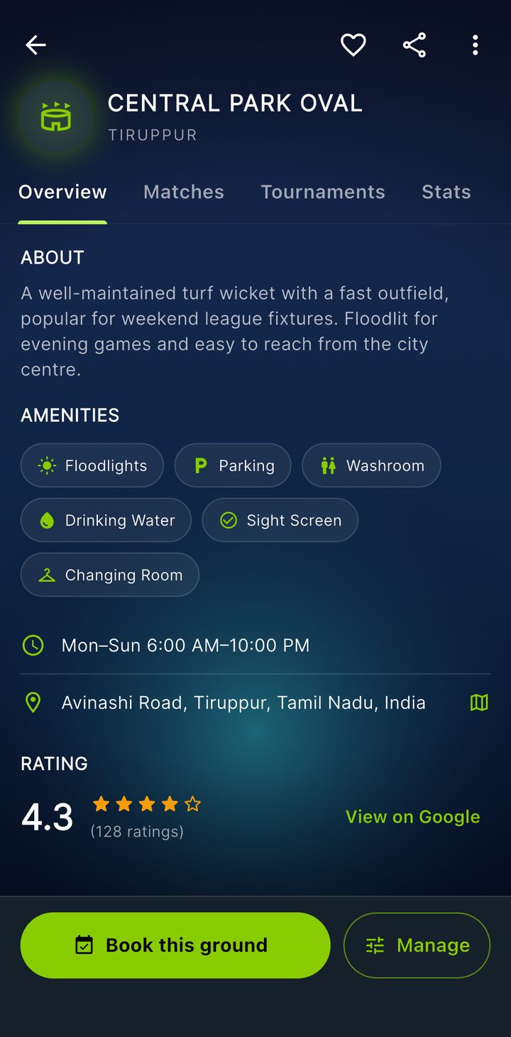 A Skipper ground page showing the about, amenities, hours and rating, with a Book this ground button at the bottom