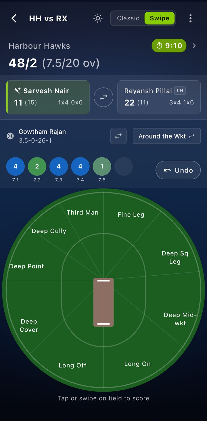 Skipper Cricket scoring screen with tap-on-field interface