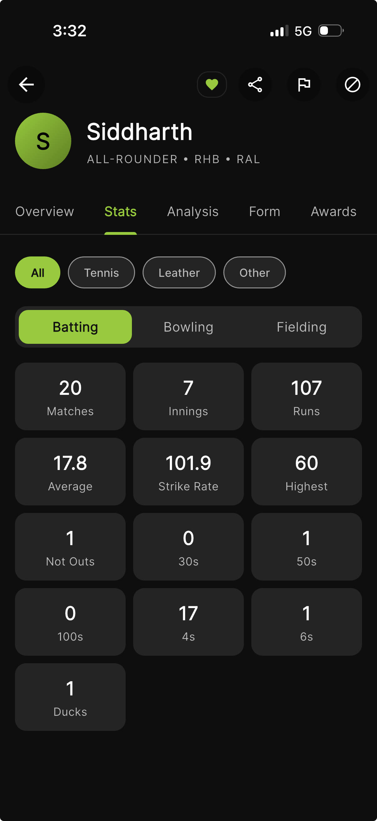 A young player's profile with their match record