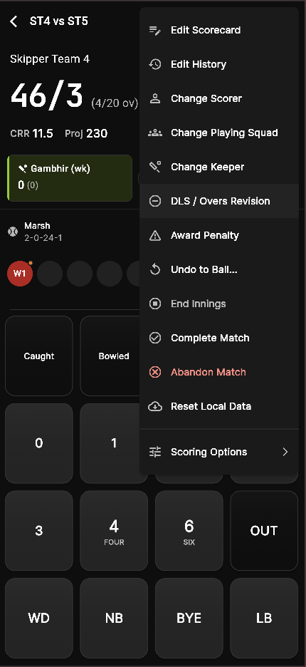 The Skipper scoring menu showing Edit Scorecard, Edit History, Undo to Ball and more