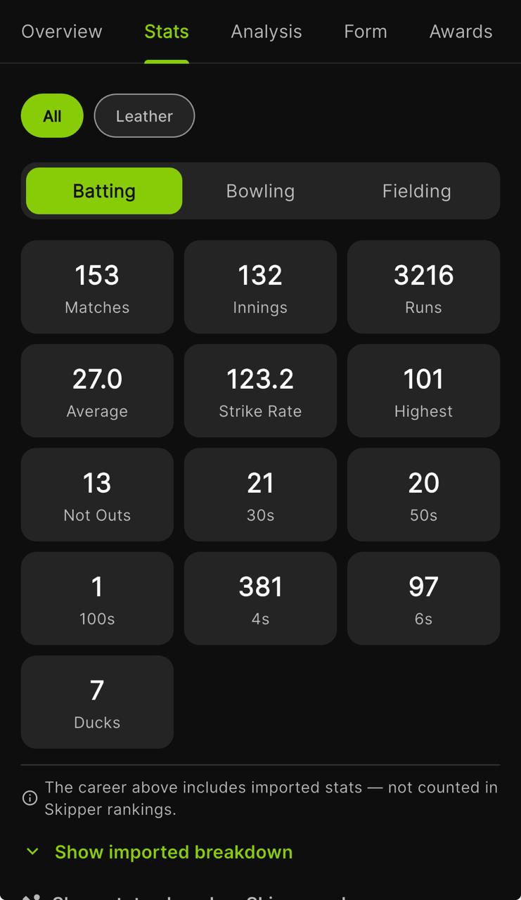 A player's Stats tab showing career batting totals with a note that imported stats are not counted in Skipper rankings