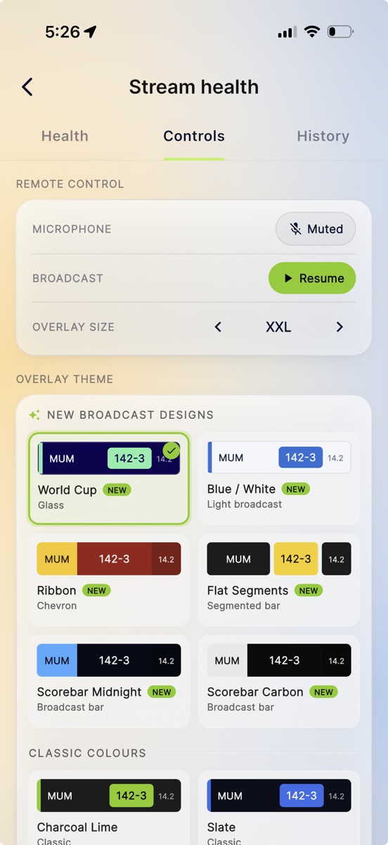 The Controls tab showing microphone, broadcast, overlay size and the overlay theme gallery