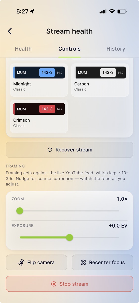 The framing controls showing zoom, exposure, flip camera, recenter focus, recover stream and stop stream