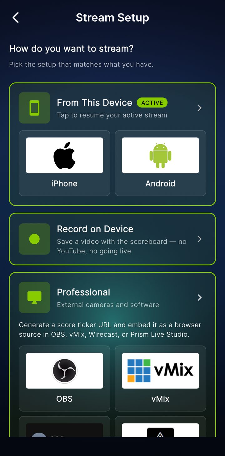 The Skipper stream setup screen offering to stream from this device, record on device, or go professional with OBS and vMix