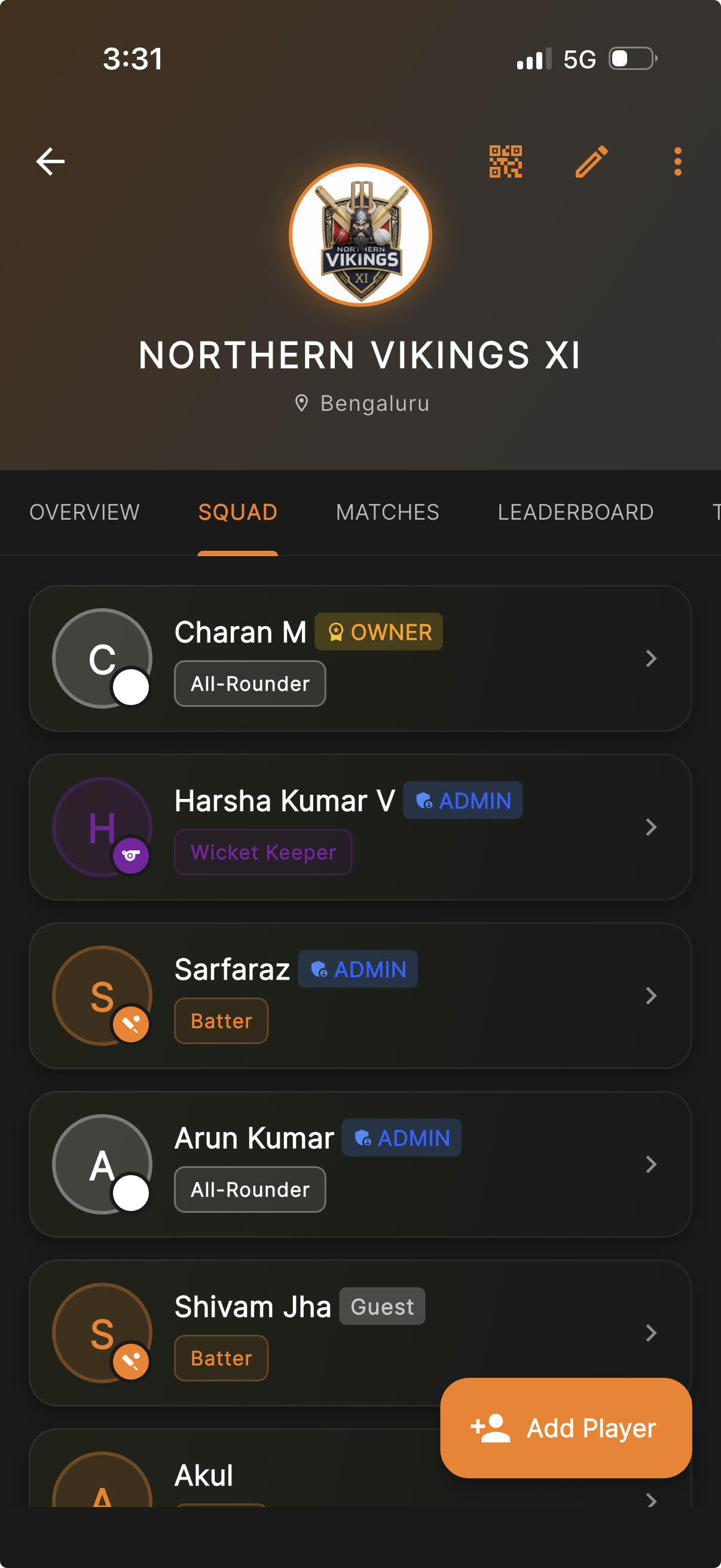 A Skipper team squad screen showing players with roles